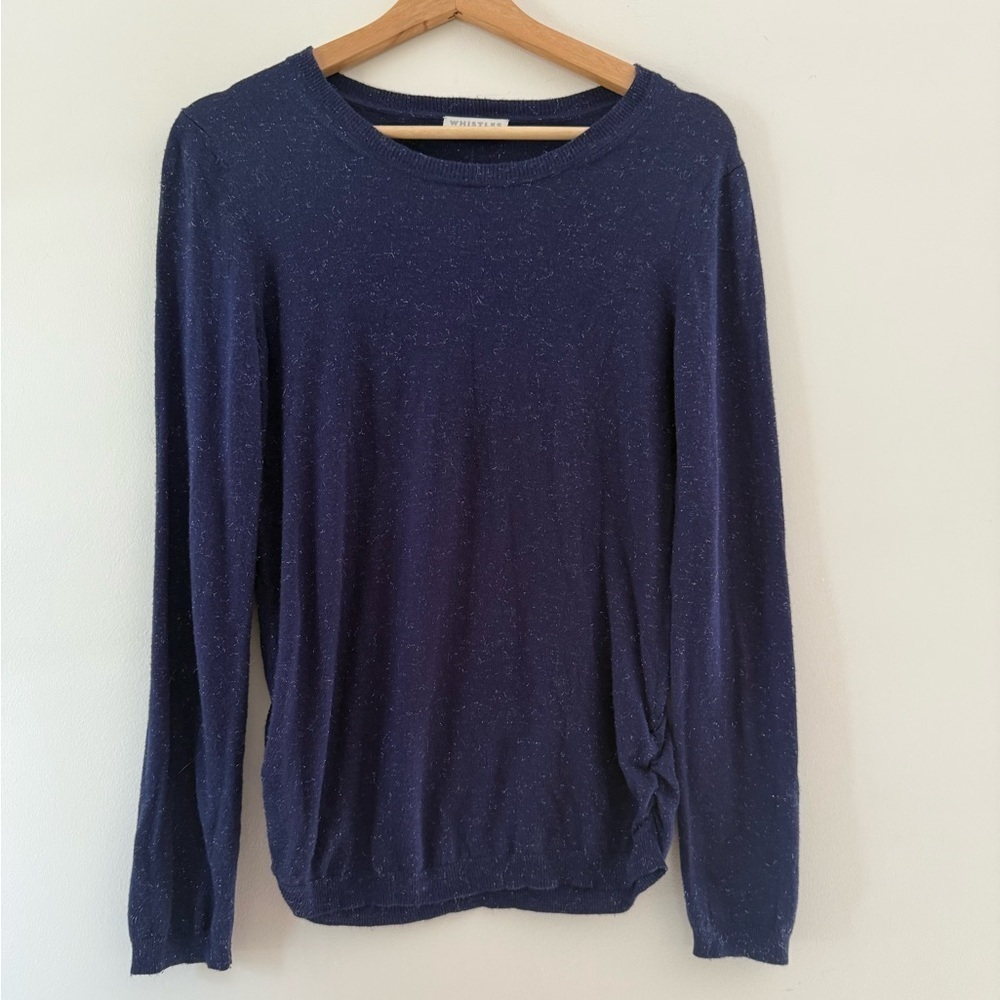 Whistles Sweater Womens Size US 8 Navy Sparkle Knit Round Neck Gathered Side